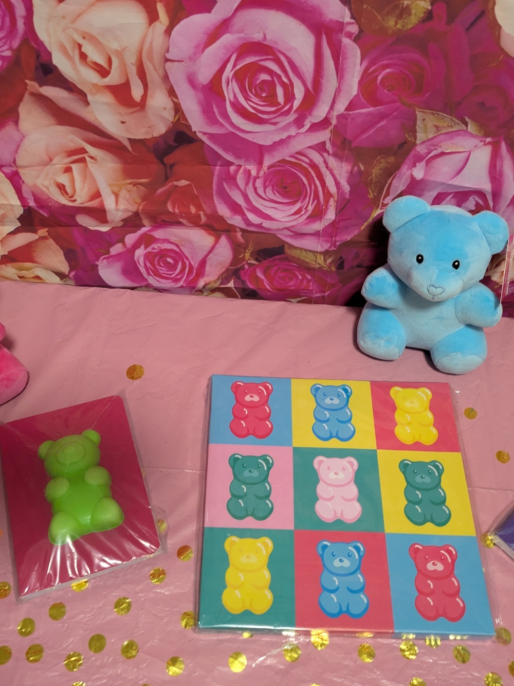 Blue Plush Teddy Bear with Colorful Gummy Bear Art Print